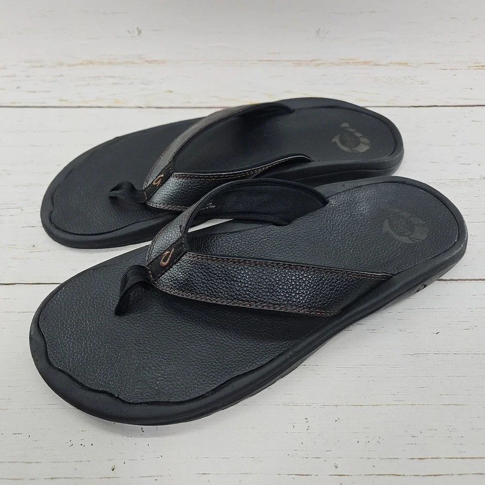 OluKai Ohana Leather Mens Size 12 Black Flip Flop Slip On Thong Sandals